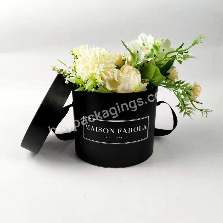 Logo Printed Flower Boxes Lid Insert Small Black Paper Custom Round Flowers Box Packaging