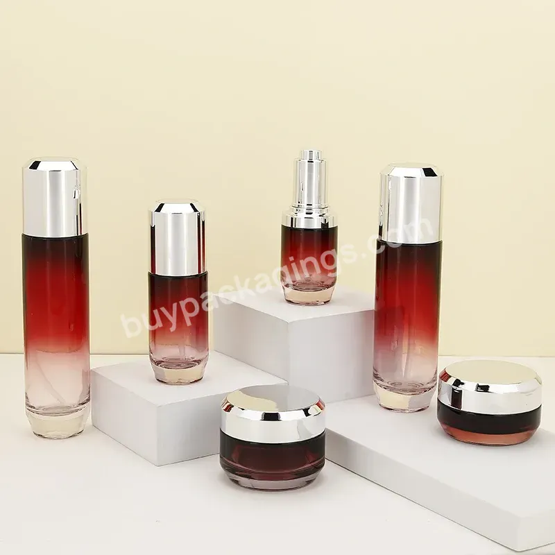 Luxurious Red Gradient Skin Care Glass Bottle For Cosmetic Packaging Set Cream Jar Serum Dropper Bottle Lotion Toner Bottle