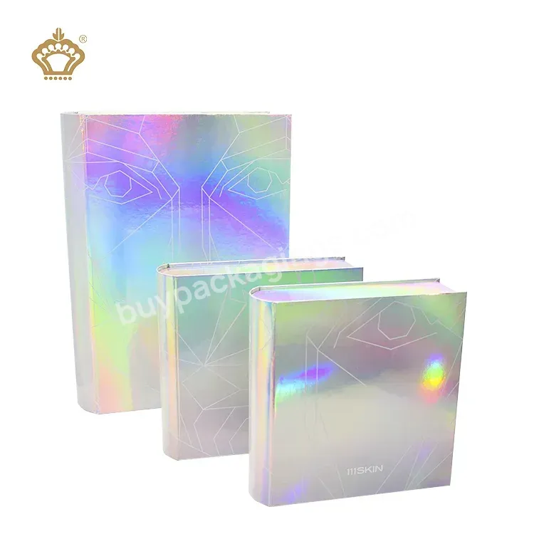 Luxurious Rigid Silver Book Shape Custom Printing Cosmetic Lotion Cream Serum Skincare Packaging Set Holographic Box