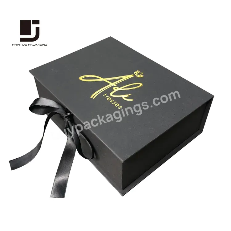 Luxury Black Ribbon Closure Paper Gift Box Package Lined With Satin