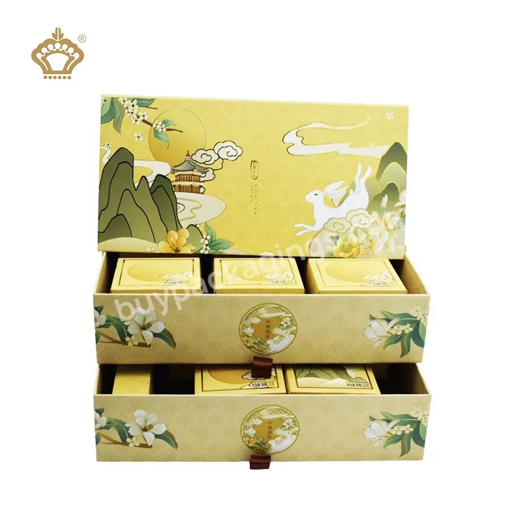 Luxury Yellow Two Layer Gift Paper Boxes Divider Packaging Custom Gold Foil Mooncake Box With Tray
