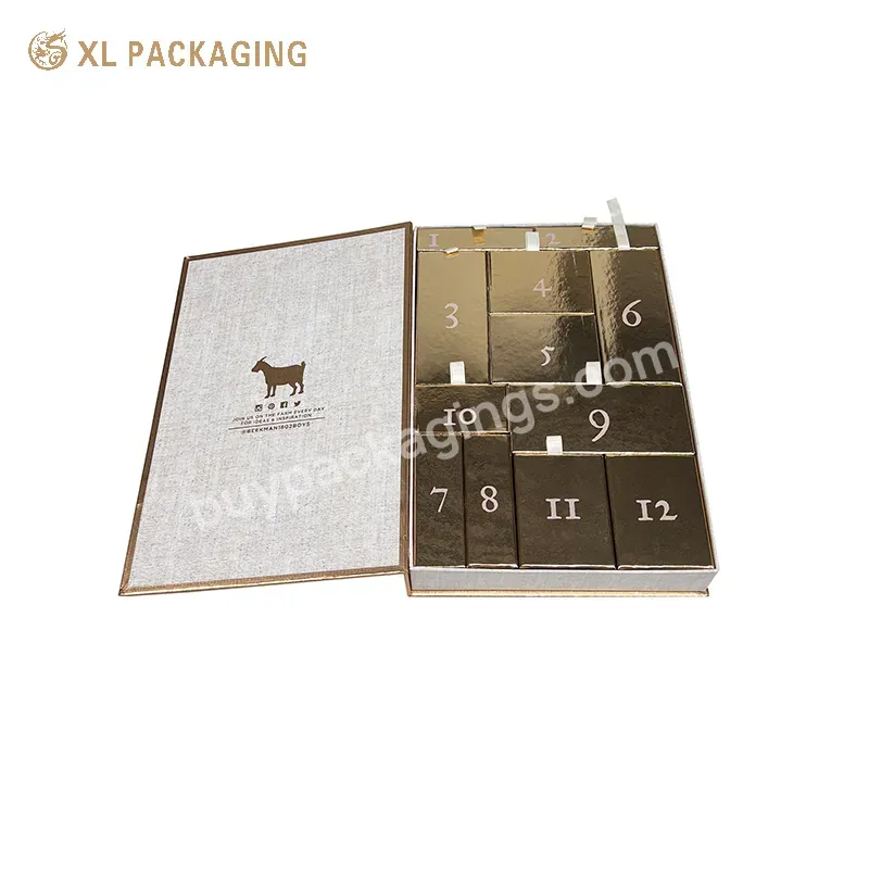 New Design Luxury Calendar Box Skin Care Lipstick Face Cleanser Cosmetic Magnet Ribbon 12 Drawer Calendar Box With Gift