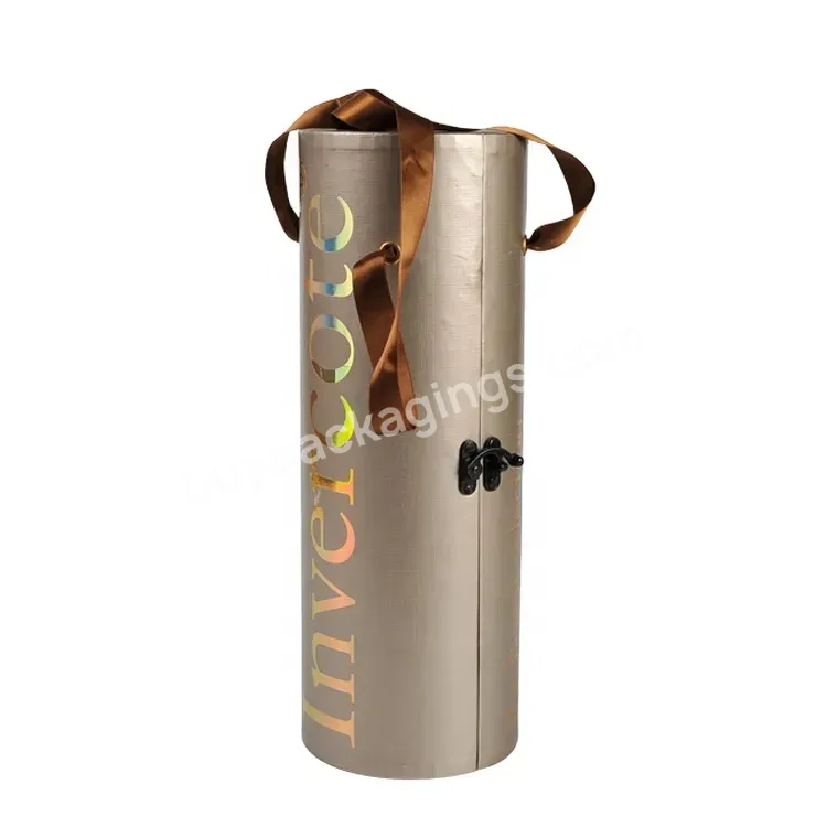 New Special Design Round Paper Box Golden Logo Half Cylinder Open Lock Ribbon Handle 750ml Red Wine Box