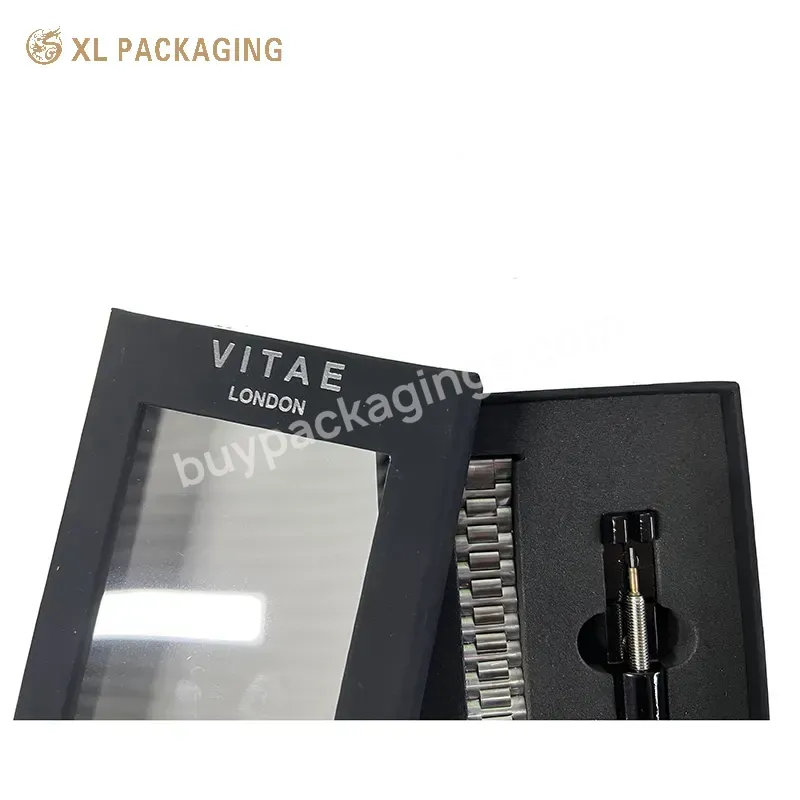 Oem Custom Luxury Clear Window Black Soft Touch Paper Watch Gift Box Watch Strap Rigid Boxes With Foam Tray Holder - Buy Watch Boxes Cases,Boxes For Watches,Watch Organizer Box.