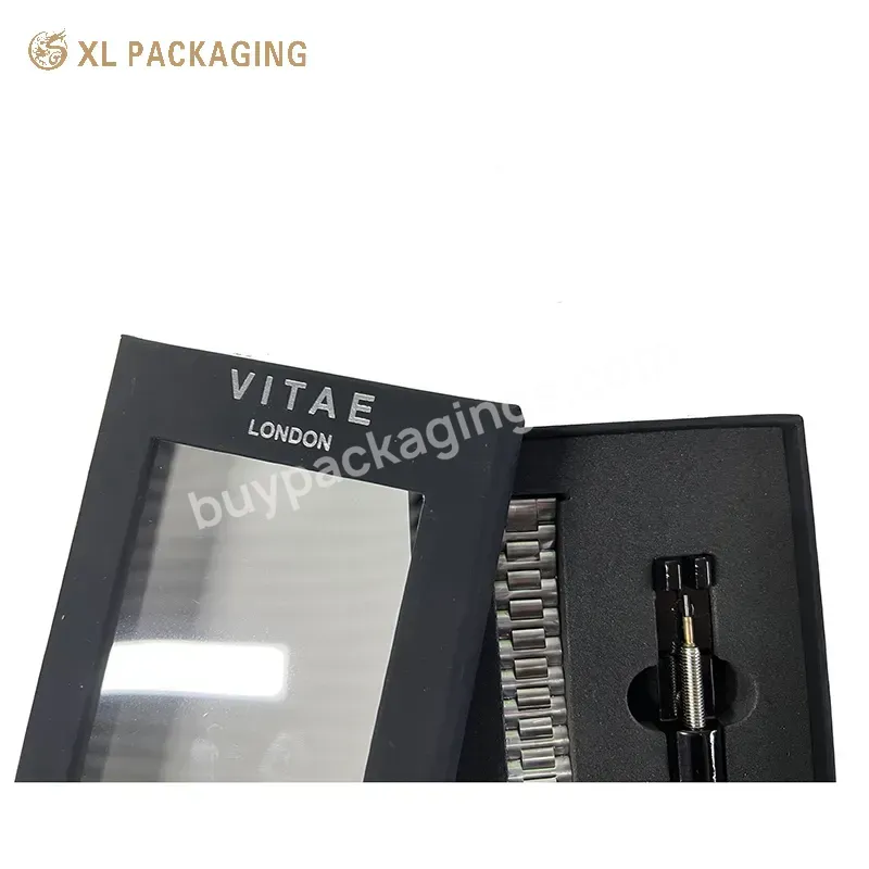 Oem Custom Luxury Clear Window Black Soft Touch Paper Watch Gift Box Watch Strap Rigid Boxes With Foam Tray Holder