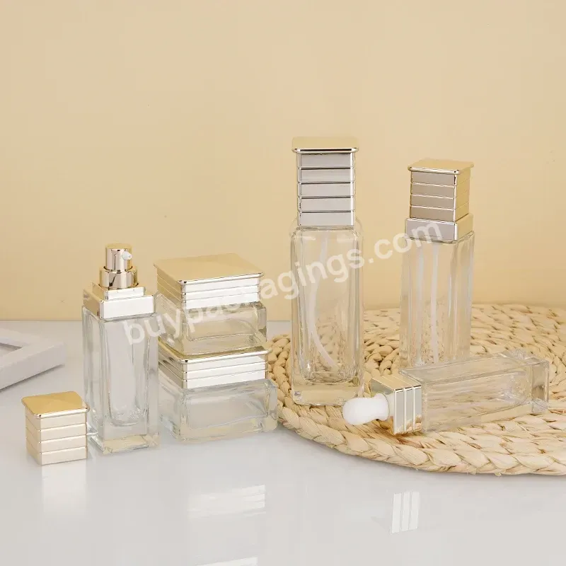 Oem Odm Private Label Custom Square Glass Cosmetic Bottle And Jars Set Container Packaging - Buy Square Glass Cosmetic Bottle Set,Square Glass Cosmetic Bottle And Jars,Cosmetic Bottle And Jars Set.