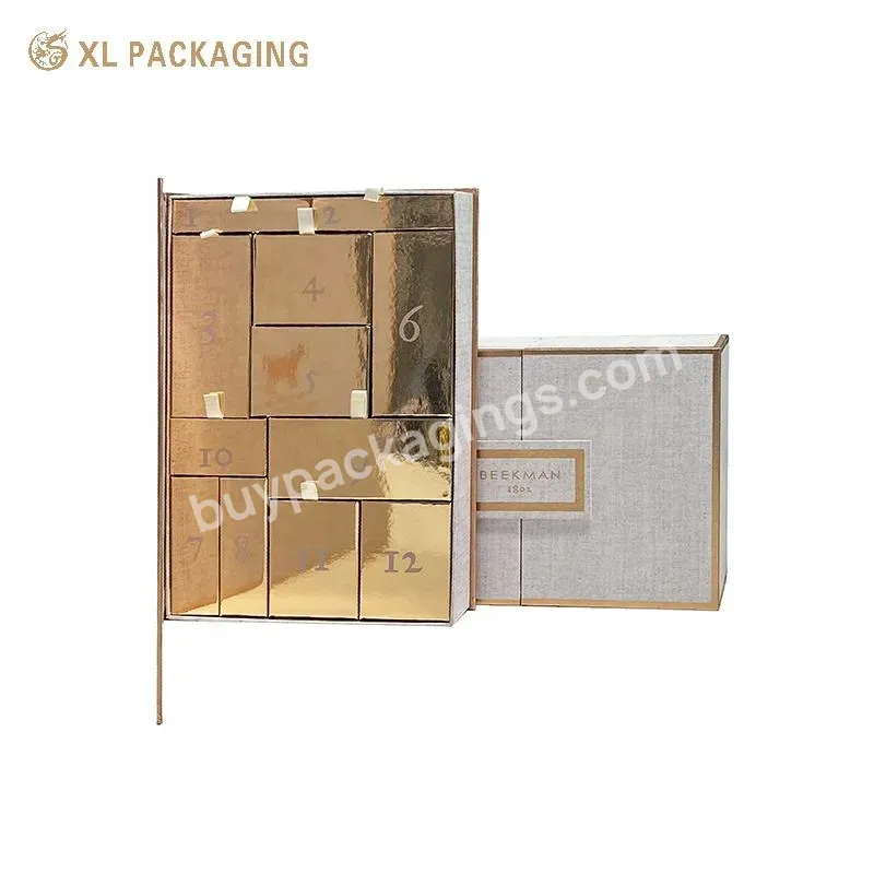 Oem Recycle Rose Gold Foil Advent Calendar Magnet Closure Packaging Box With 12 Days Drawers