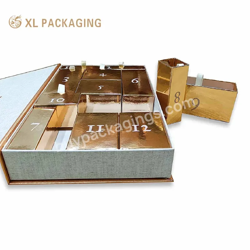 Oem Recycle Rose Gold Foil Advent Calendar Magnet Closure Packaging Box With 12 Days Drawers