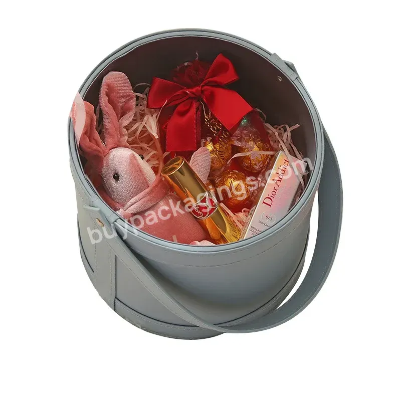 Omt Carrying Pu Leather Bucket Floral Rose Flower Florist Bouquet Packaging Paper Christmas Gift Box With Handle All Sizes