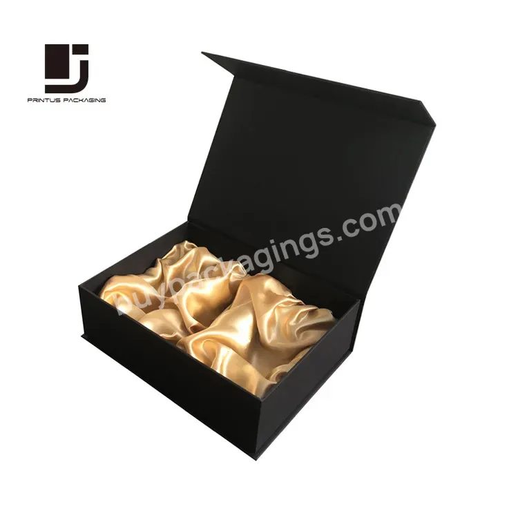 Plain Black Magnetic Cardboard Box With Gold Fabric
