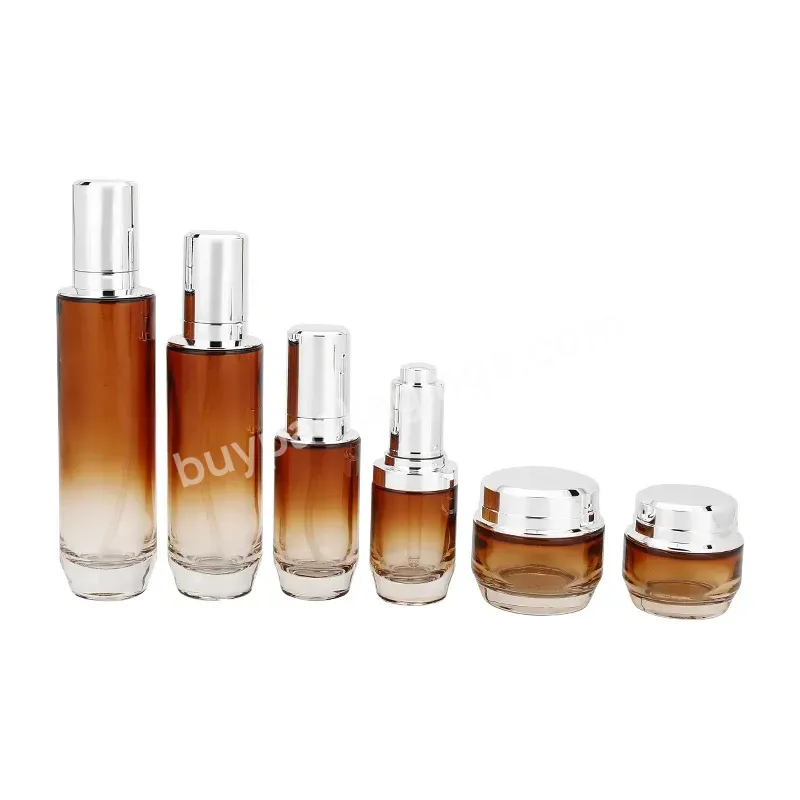 Private Label High Quality Empty Brown Gradient Cosmetic Glass Bottle And Jar Set Serum Bottle Cream Jar Container