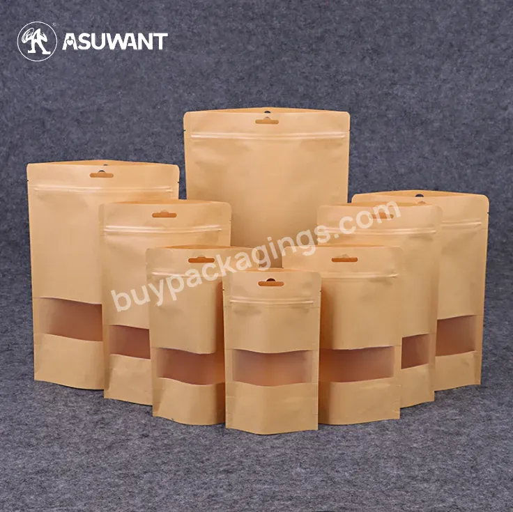 Recycle Food Grade One Side Clear Window Kraft Paper Pouch With Zip Lock Stand Up Nuts Snack Packaging Bag