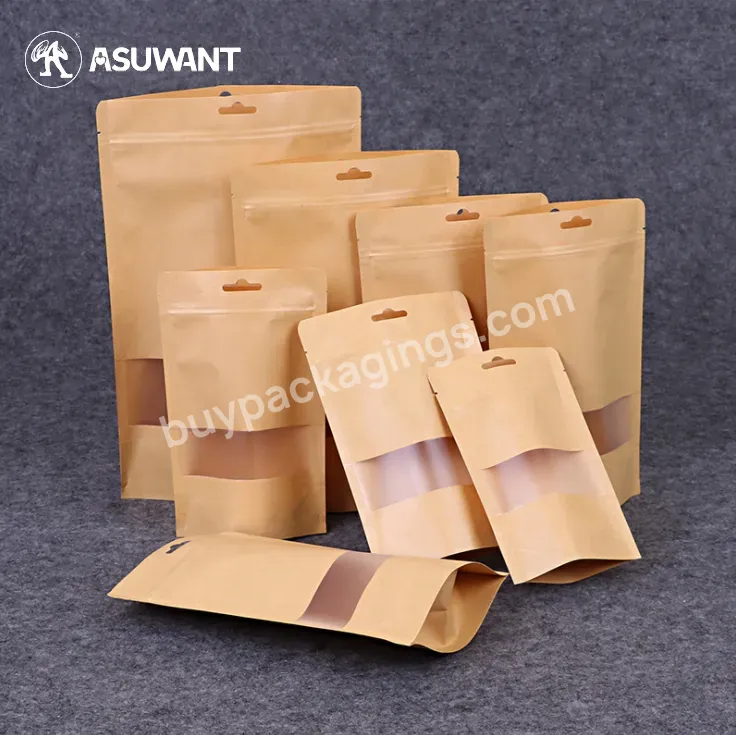 Recycle Food Grade One Side Clear Window Kraft Paper Pouch With Zip Lock Stand Up Nuts Snack Packaging Bag