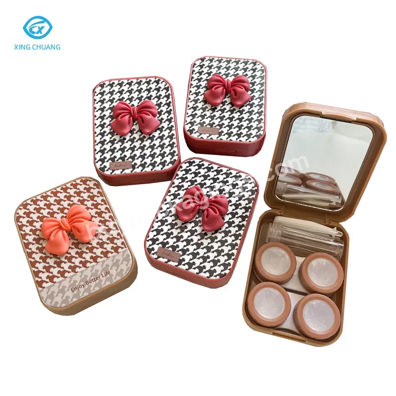 Red Plaid Bow Pattern Two Pairs Of Contact Lenses Red Contact Lens Case With Mirror Contact Lens Storage Box