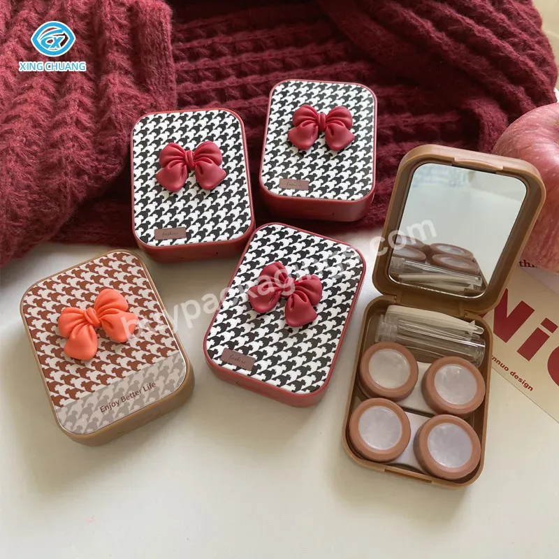 Red Plaid Bow Pattern Two Pairs Of Contact Lenses Red Contact Lens Case With Mirror Contact Lens Storage Box