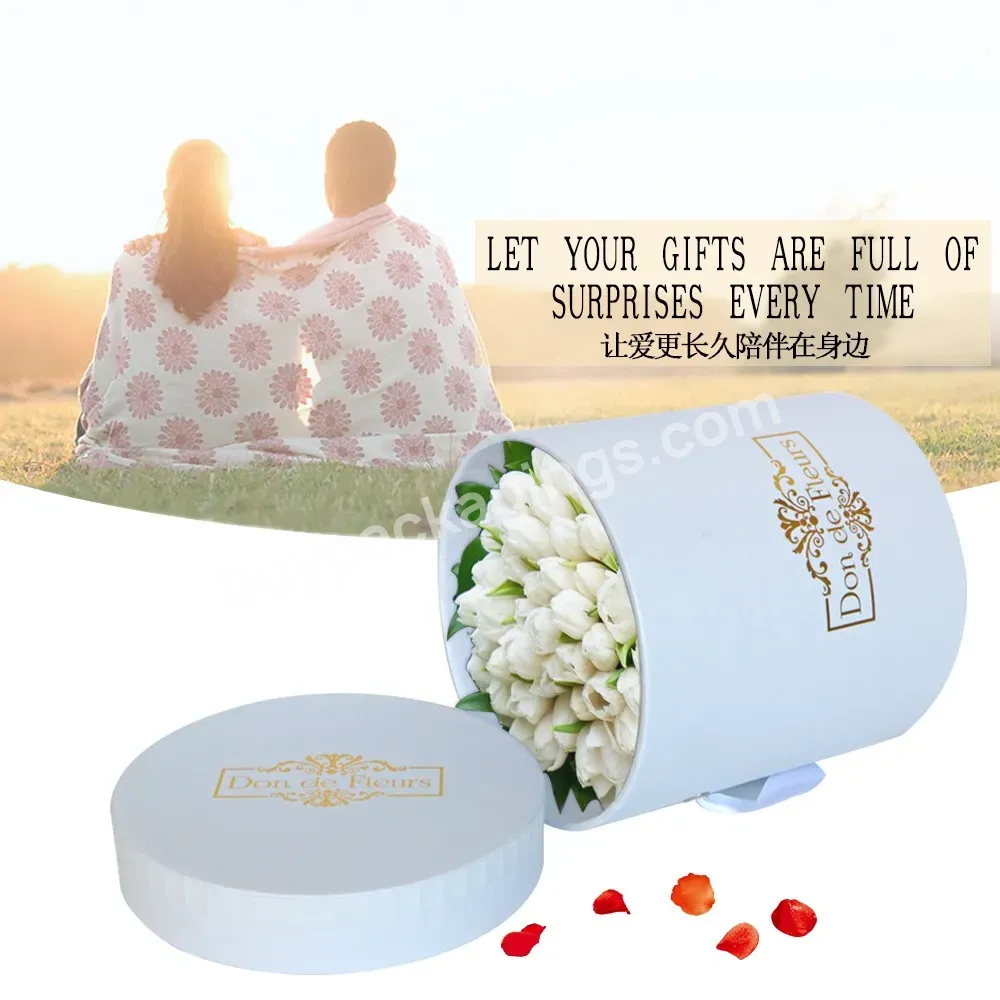 Round Waterproof Packaging Box For Bloom Rose Gift Paper Flower Box With Lid Ribbon Handle