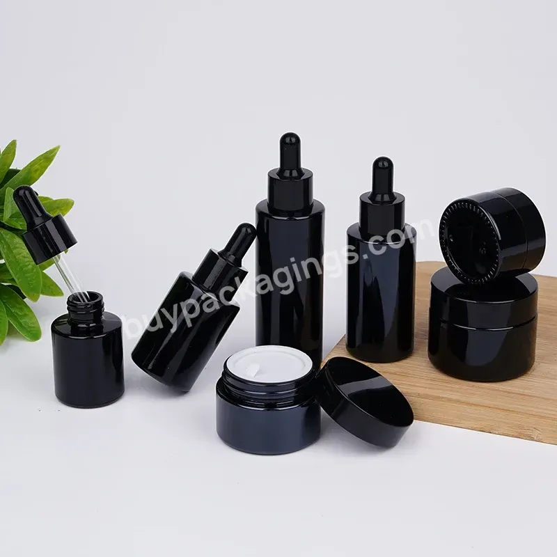 Skin Care Essence Bottle With Black Glass Dropper 20g 30g 50g Matte Black Glass Cream Jar - Buy Skin Care Essence Bottle,Essence Bottle With Black Glass Dropper,Matte Black Glass Cream Jar.