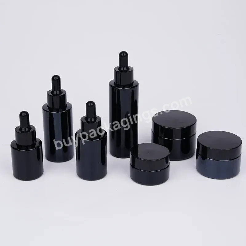 Skin Care Essence Bottle With Black Glass Dropper 20g 30g 50g Matte Black Glass Cream Jar