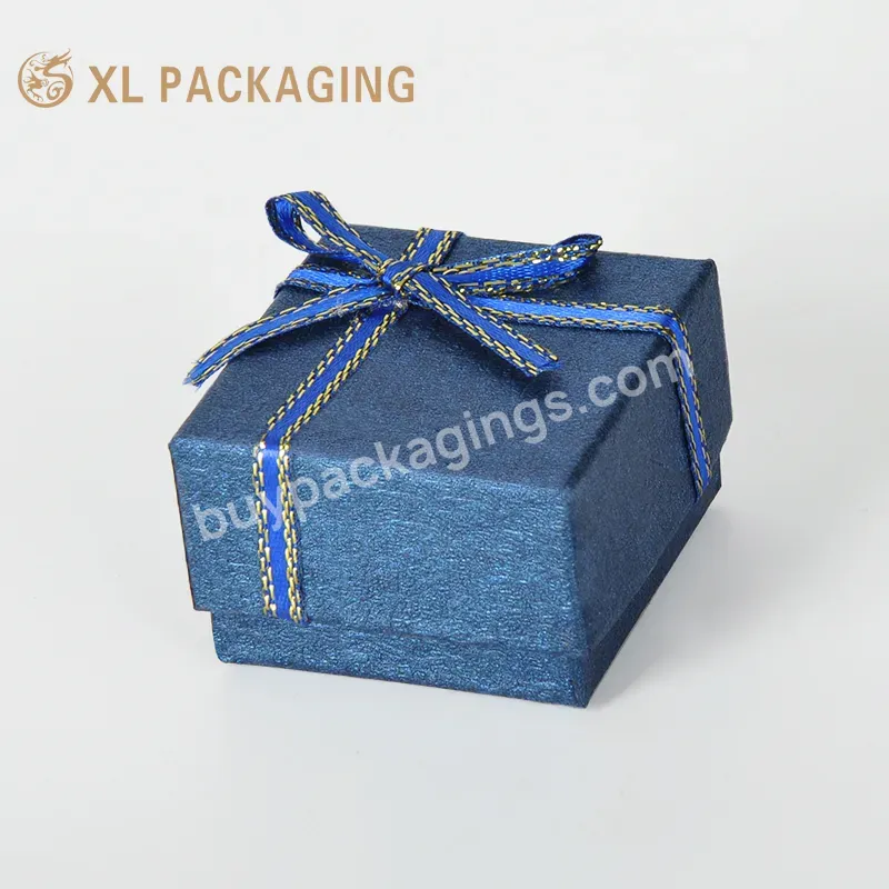 Small Jewelry Packaging Box Lid And Base Ring Earring Necklace Bracelet Box Blue Cardboard Paper Jewelry Gift Box With Bow