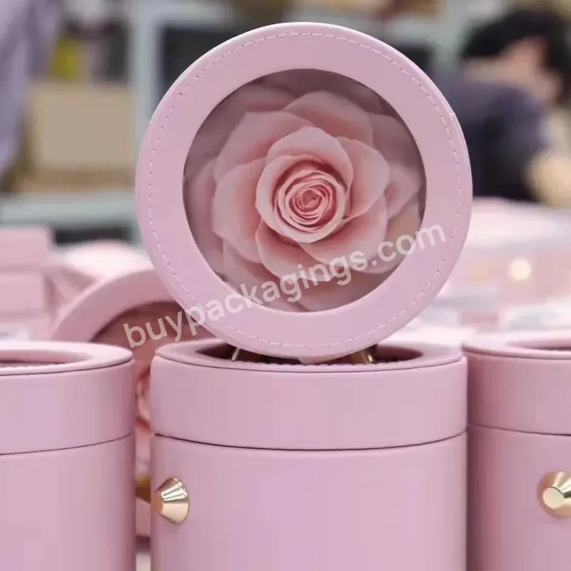 Stocked Round Floral Gift Boxes Cylinder Flower Box Pu Leather With Preserved Roses