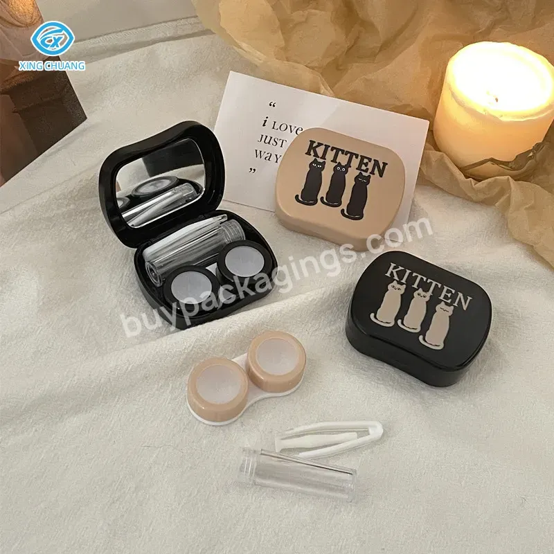 Three Kitten Solid Color Contact Lens Cases Cute Spray-painted Foldable Contact Lens Storage With Tweezers