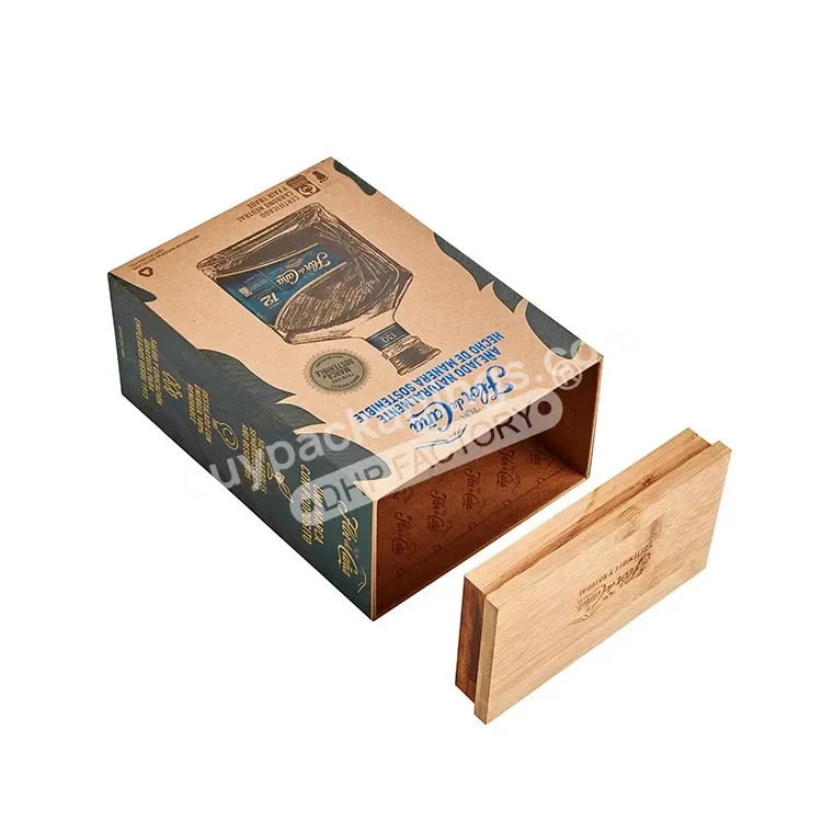 Unique Wooden Lid Whisky Gift Shipping Custom Hard Cardboard Brown Kraft Paper Printing Premium Bottle Box Packaging