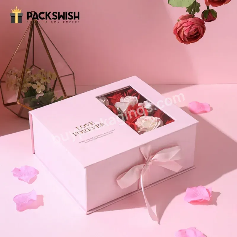 Valentine's Magnet Preserved Flower Proposal Ribbon Perfume Skincare Set Packaging Clear Lid Pink Gift Box With Pet Window - Buy Bouquet Flower Box,Empty Flower Box,Flower Box Packaging.