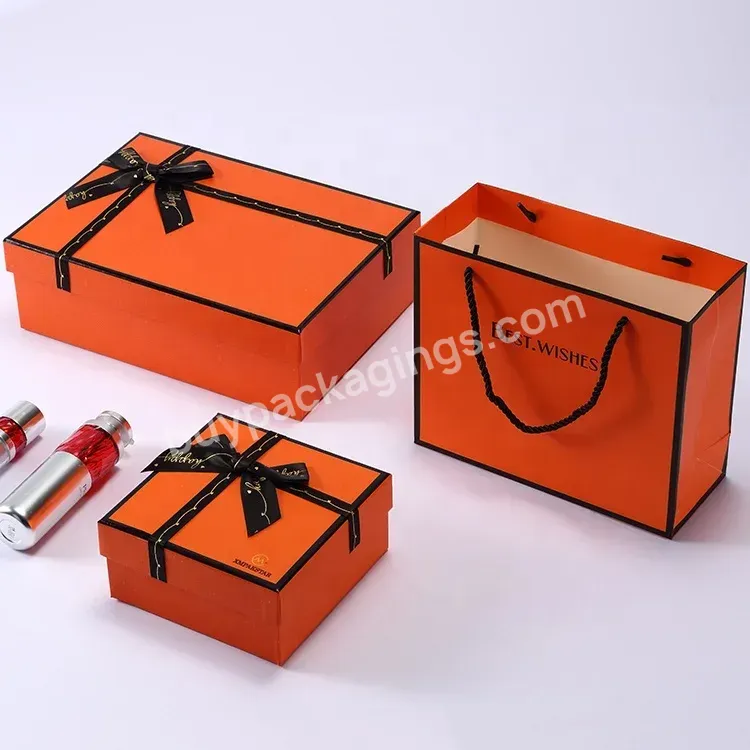 Wholesale Custom Logo Printing Orange Lid And Base 2 Pieces Gift Box For Cosmetic Packaging