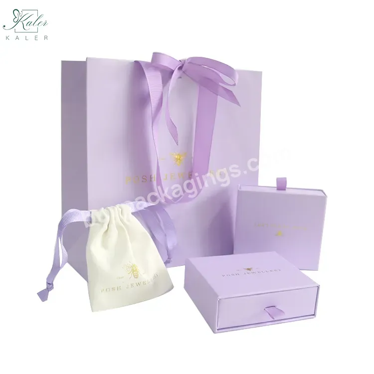 Wholesale Custom Luxury Gold Foil Logo Elegant Light Purple Paper Bag And Drawer Box With Pouch