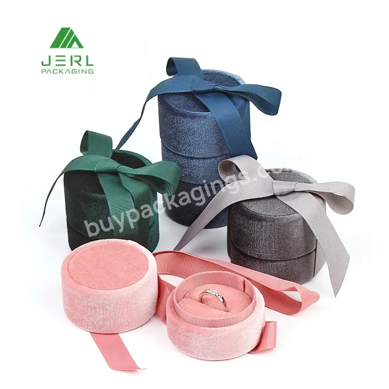 Wholesale Engagement Wedding Round Pink Velvet Ring Box With Ribbon