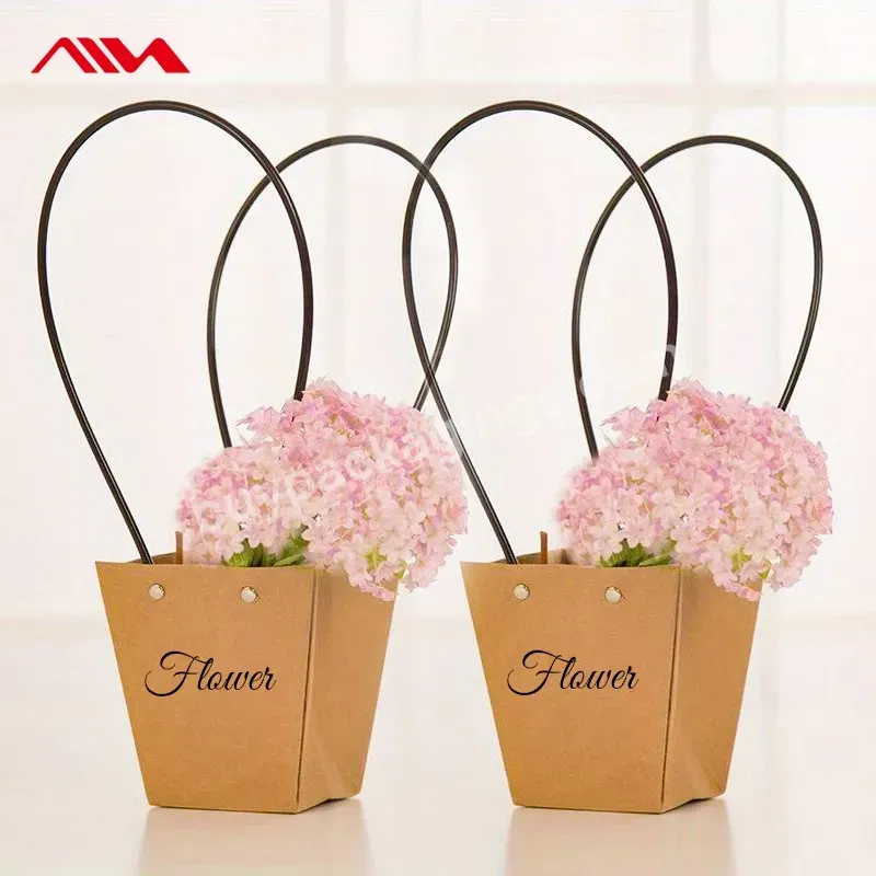 Wholesale Small Brown Waterproof Kraft Paper Flower Bag Bouquet Bag With Flat Handle