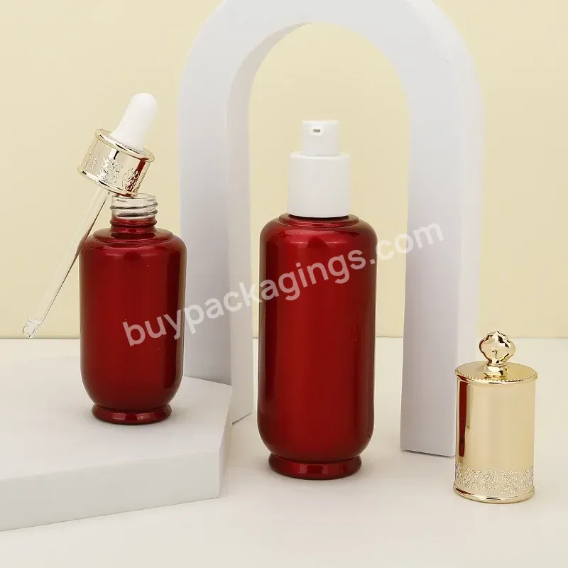 Wide Mouth Red Glass Cosmetics Set 50g Skincare Cream Jar Containers 40ml Dropper Bottle 120ml 100ml Lotion Spray Bottle - Buy 120ml 100ml Lotion Spray Bottle,40ml Dropper Bottle,50g Skincare Cream Jar Containers.