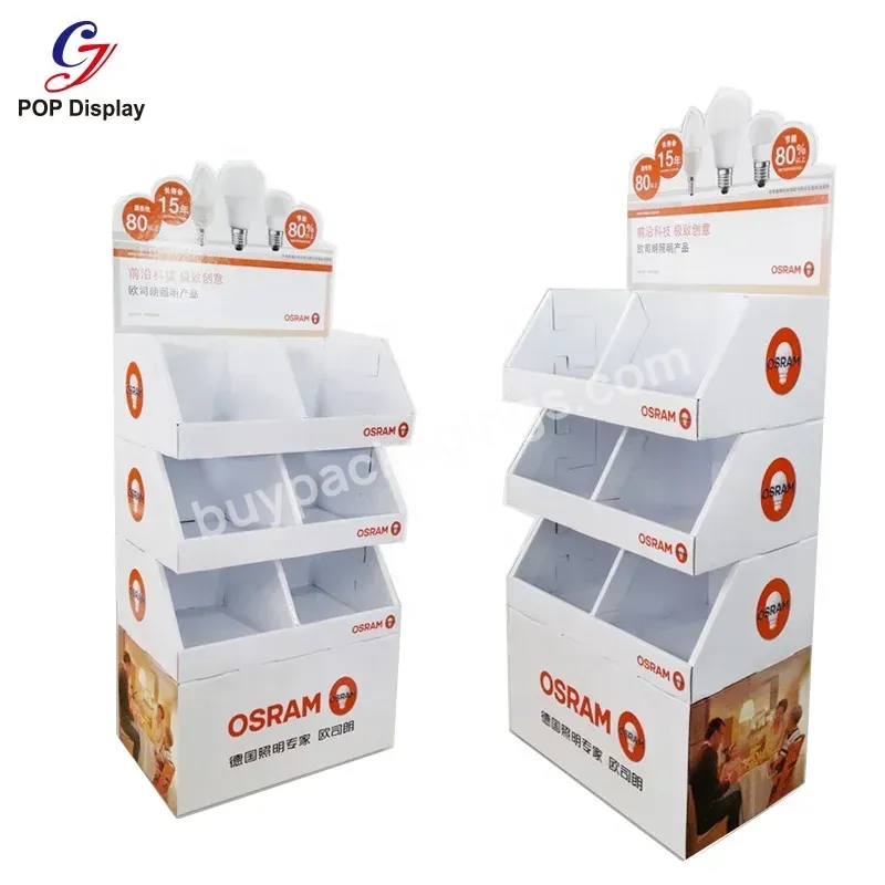 Cmyk Offset Logo Printing Free Standing Cardboard Display Rack Paper Pos Retail Floor Stand For Led Lighting Bulb Lamp Store