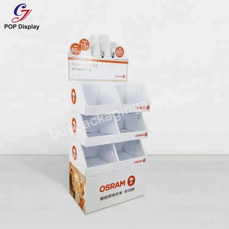 Cmyk Offset Logo Printing Free Standing Cardboard Display Rack Paper Pos Retail Floor Stand For Led Lighting Bulb Lamp Store