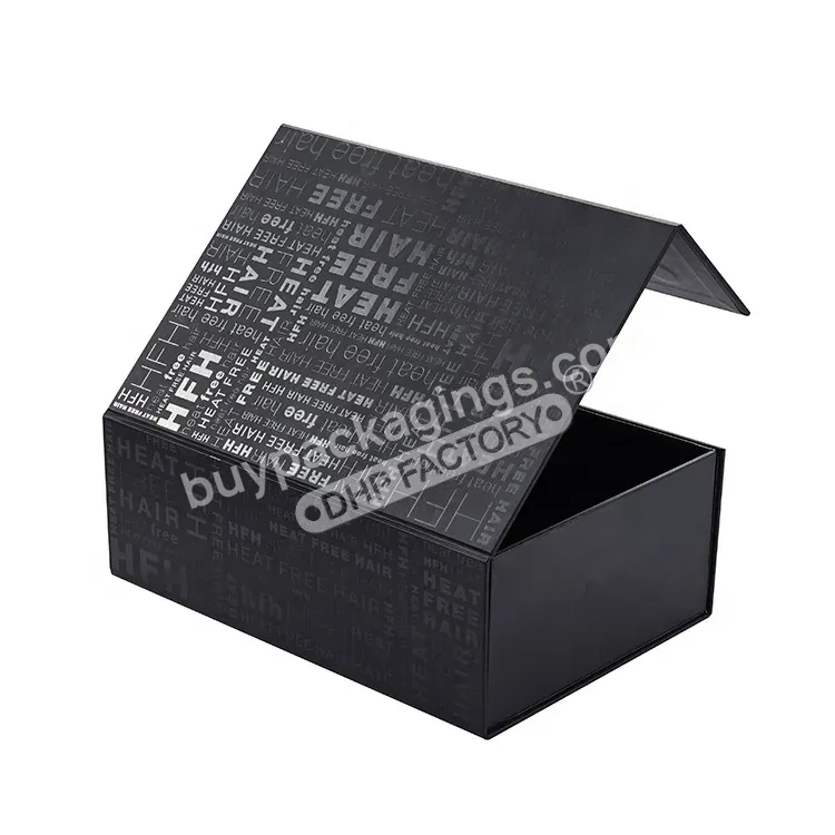 Collapsible Black Magnetic Flap Turned Edges Paper Gift Box Packaging Luxury Wigs Hair Extension Foldable Boxes With Uv Logo