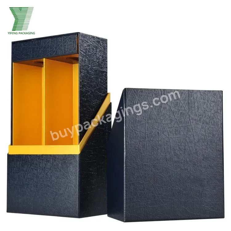 Color Black Shinny Paper Pu Leather Rigid Cardboard Wine Boxes Customized Design 2 Pcs 750ml Wine Bottles Packaging Boxes