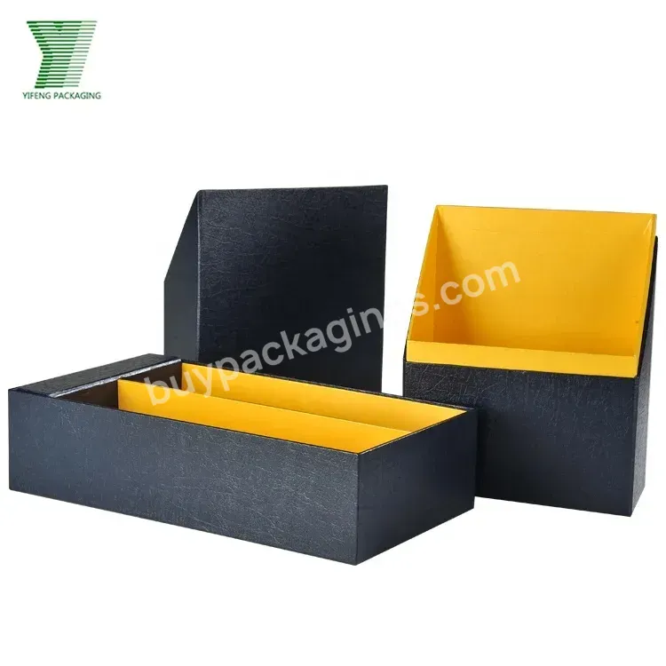 Color Black Shinny Paper Pu Leather Rigid Cardboard Wine Boxes Customized Design 2 Pcs 750ml Wine Bottles Packaging Boxes