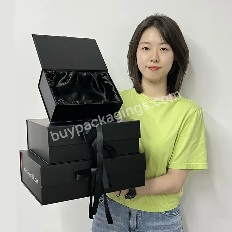 Custom Black Luxury Cardboard Magnetic Flip Top Rigid Large Gift Folding Cajas Magnetic Gift Box Luxury Gift Box With Ribbon Bow