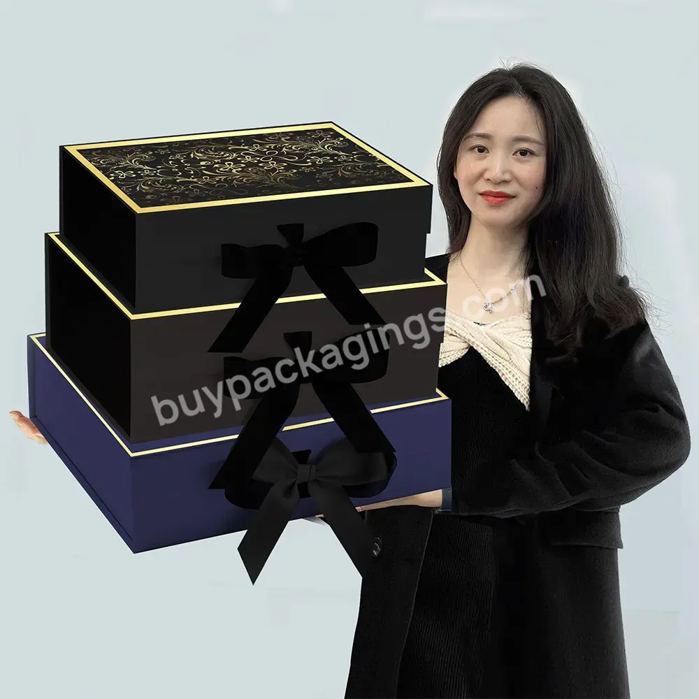 Custom Black Luxury Cardboard Magnetic Flip Top Rigid Large Gift Folding Cajas Magnetic Gift Box Luxury Gift Box With Ribbon Bow