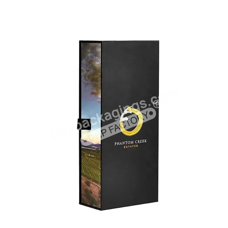 Custom Black Paper Box Gold Foil Logo With Magnet Closure Whiskey Vodka Glass Bottle Rigid Wine Champagne Cardboard Box