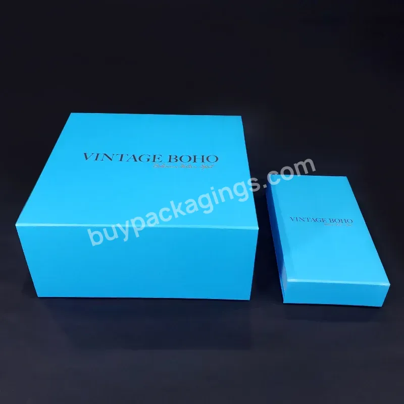 Custom Brand Blue Magnetic Closure Paper Gift Box For Garments Ribbon Handle Rectangular Folding Clothing Packaging Boxes