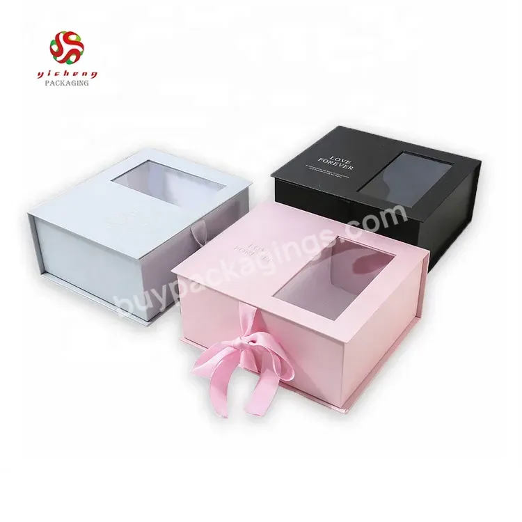 Custom Color Logo Ribbon Wedding Birthday Cosmetics Perfume Box Packing Pink Pvc Transparent Window Gift Box