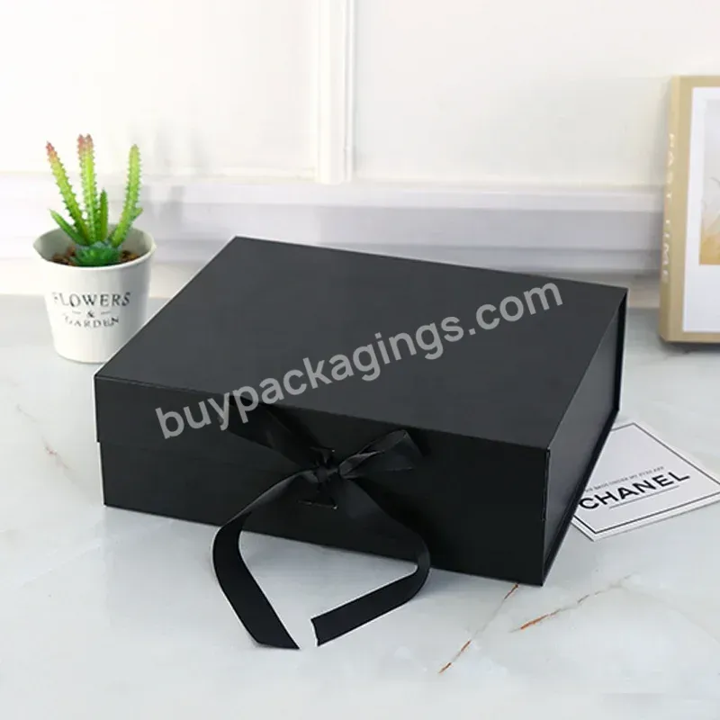 Custom Logo Black Ribbon Folding Luxury Rigid Packaging Large Magnetic Hamper Gift Box