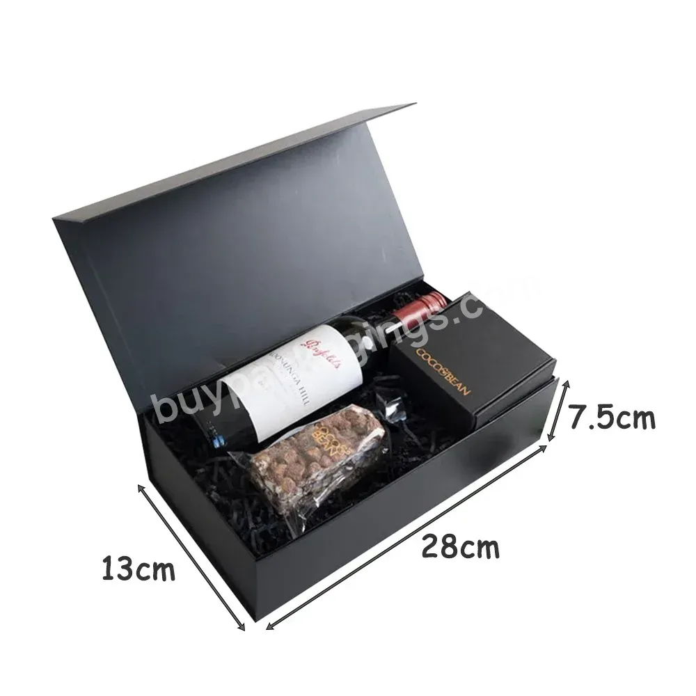 Custom Logo Cardboard Magnetic Black Luxury Empty Sublimation With Silk Wine And Chocolate Set Wine Paper Gift Packaging Box