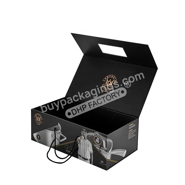 Custom Logo Design Black Color Rigid Cardboard Pp Ribbon Handle Magnetic Luxury Handbag Packaging Folding Box