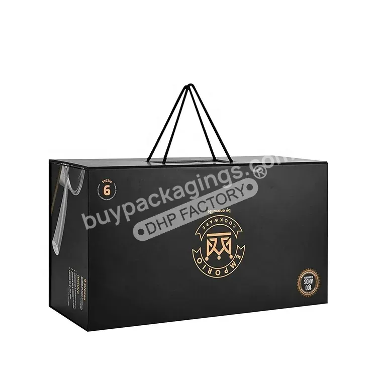 Custom Logo Design Black Color Rigid Cardboard Pp Ribbon Handle Magnetic Luxury Handbag Packaging Folding Box