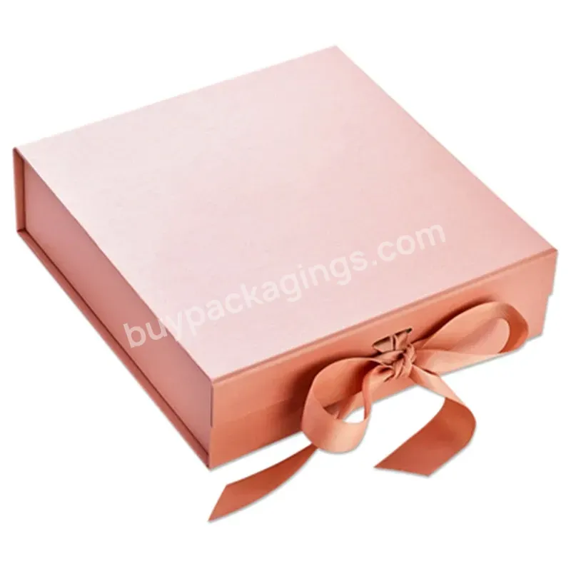 Custom Logo Pink Ribbon Closure Paper Gift Box Rectangular Folding Jewelry Box Packaging Box