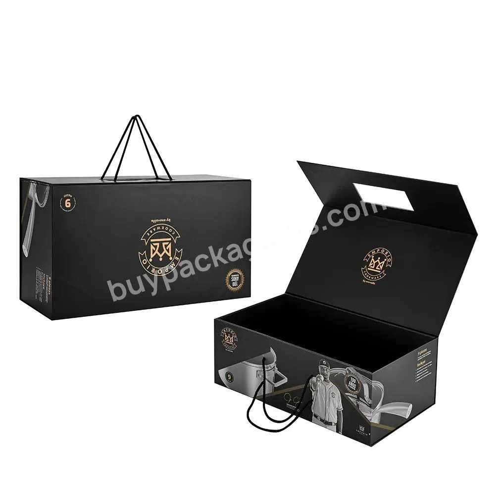 Custom Matt Black Flat Big Size Foldable Tableware Gift Packaging With Handle Cardboard Suitcase Box