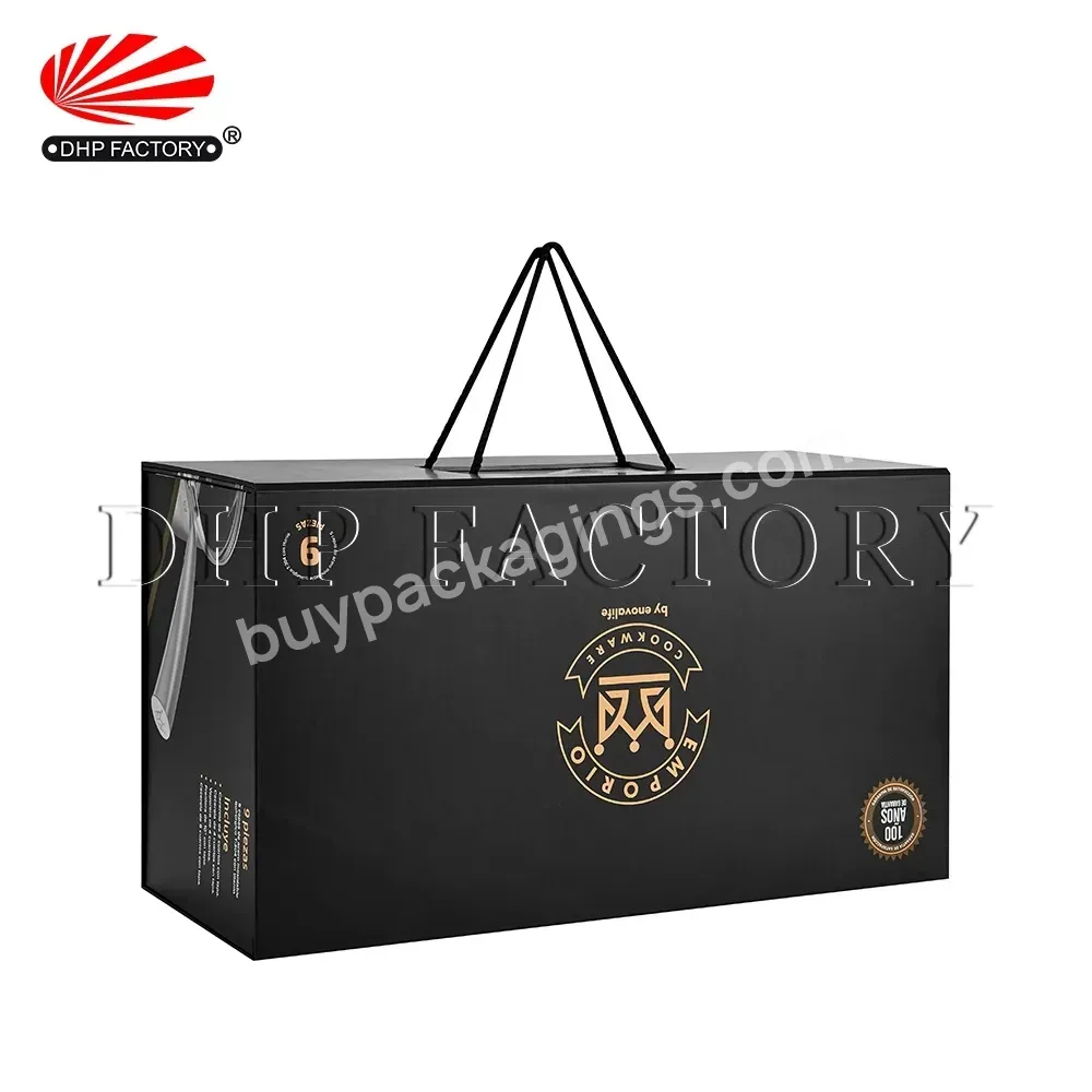 Custom Matt Black Flat Big Size Foldable Tableware Gift Packaging With Handle Cardboard Suitcase Box