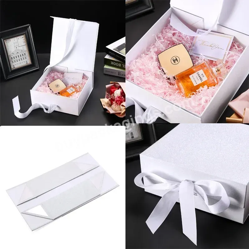 Custom White Magnetic Closure Cardboard Paper Gift Box For Garments Ribbon Handle Rectangular Folding Clothing Packaging